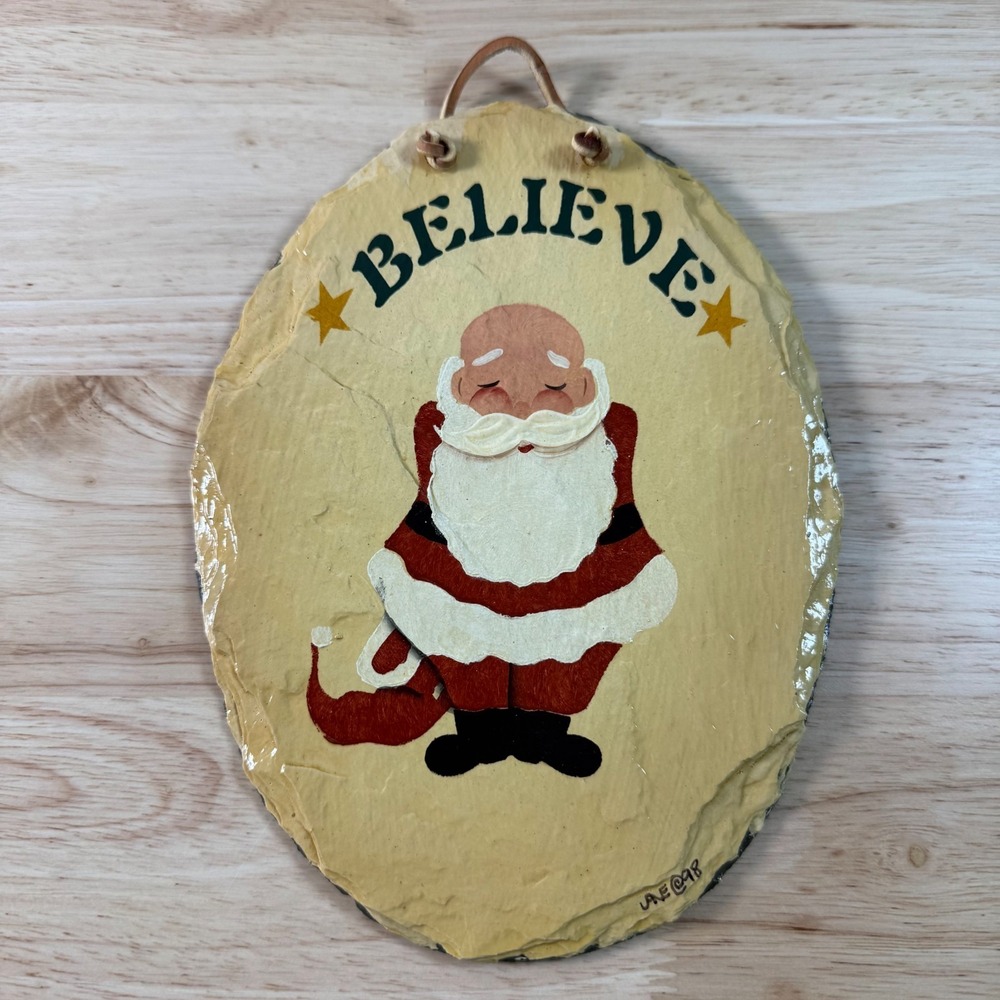 Vintage Hand Painted Slate Santa Claus Folk Art Christmas Wall Hanging Plaque